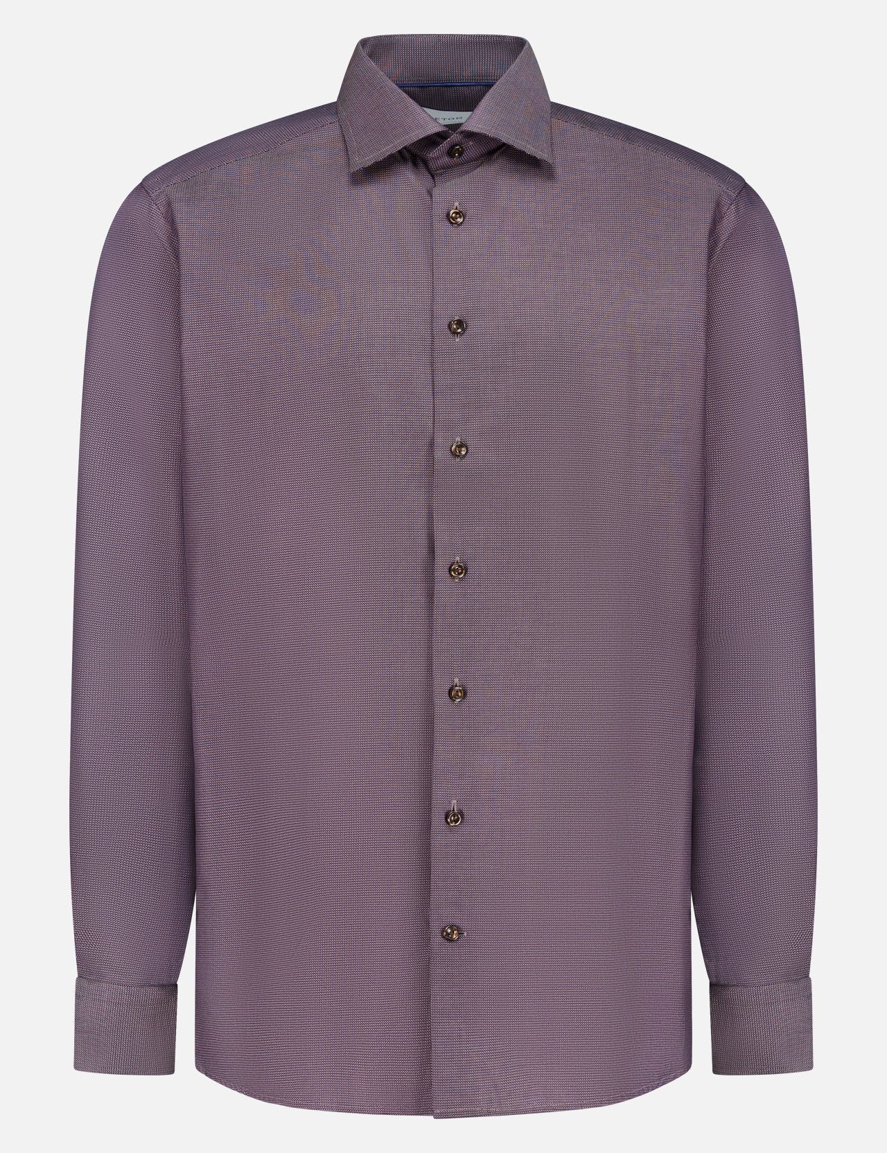 The ETON Semi-Solid Royal Oxford Contemporary Shirt is a men’s long-sleeved cotton dress shirt in solid purple with brown buttons and a classic collar, shown on a plain white background.