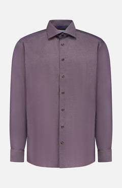 The ETON Semi-Solid Royal Oxford Contemporary Shirt is a men’s long-sleeved cotton dress shirt in solid purple with brown buttons and a classic collar, shown on a plain white background.