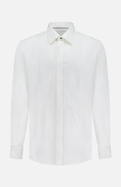 The ETON Slim Fit Lurex Paisley Bib Evening Shirt is a white, slim-fit dress shirt with a pointed collar and concealed buttons, featuring subtle paisley texture on the front—a refined choice for formal evenings, shown on a plain white background.