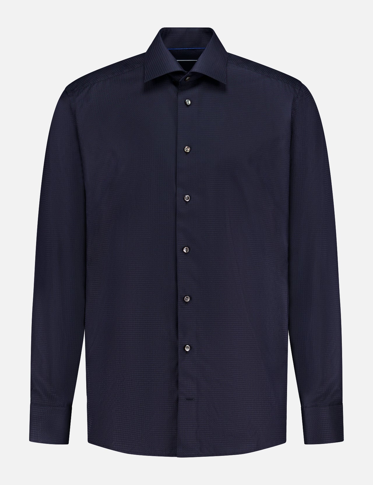 The ETON Slim Fit Semi Solid Dobby Dress Shirt features long sleeves, a classic collar, and comes in dark navy blue, shown against a plain white background.