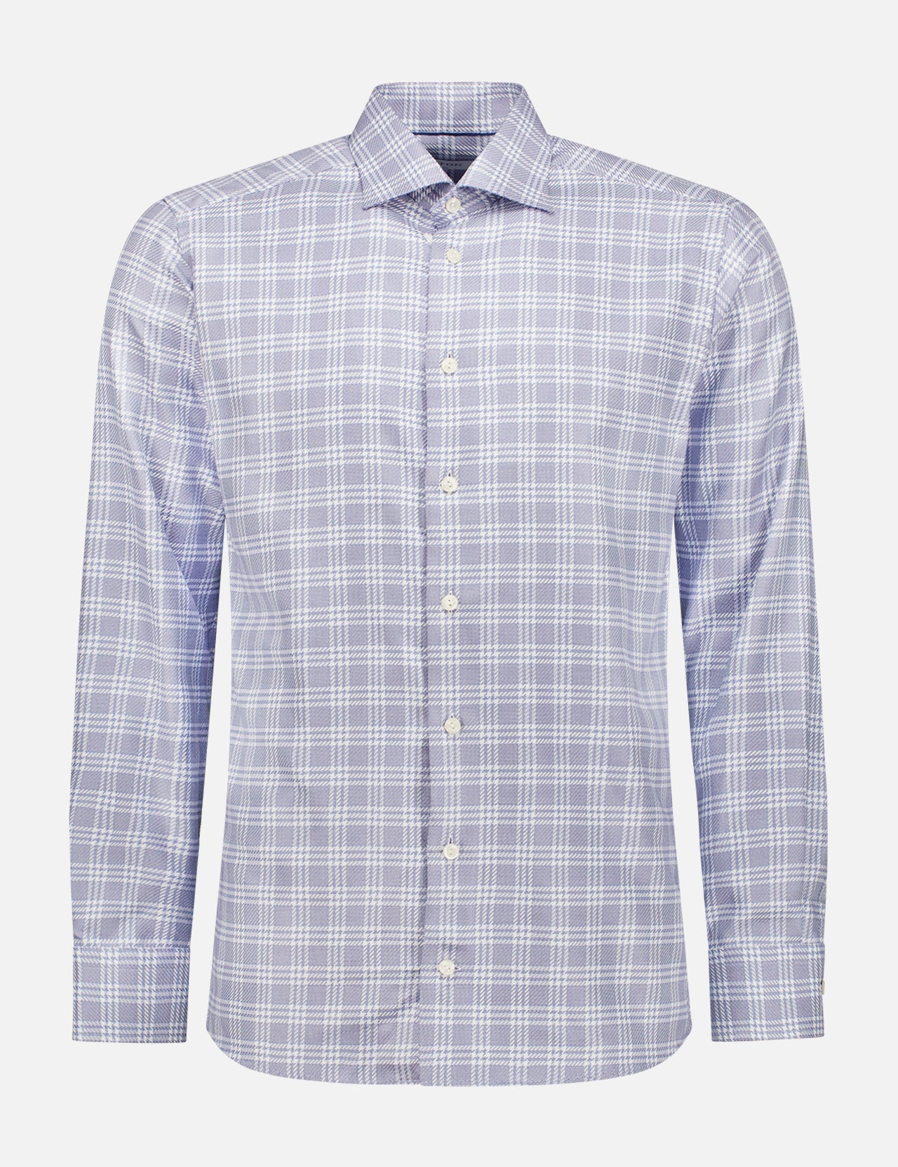 The ETON Light Blue Check King Twill Shirt is a long-sleeved, slim fit dress shirt made from 100% cotton, featuring a blue and white check pattern and shown on a plain white background.