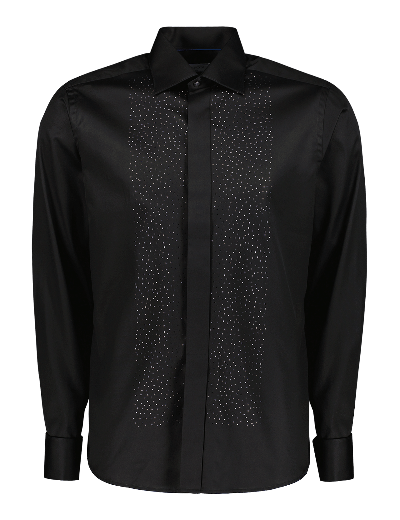 The ETON Swarovski Crystal Shirt is a black, slim-fit dress shirt with a pointed collar, subtle sparkling Swarovski crystal panels on the front, buttoned cuffs, and a sleek, modern design.