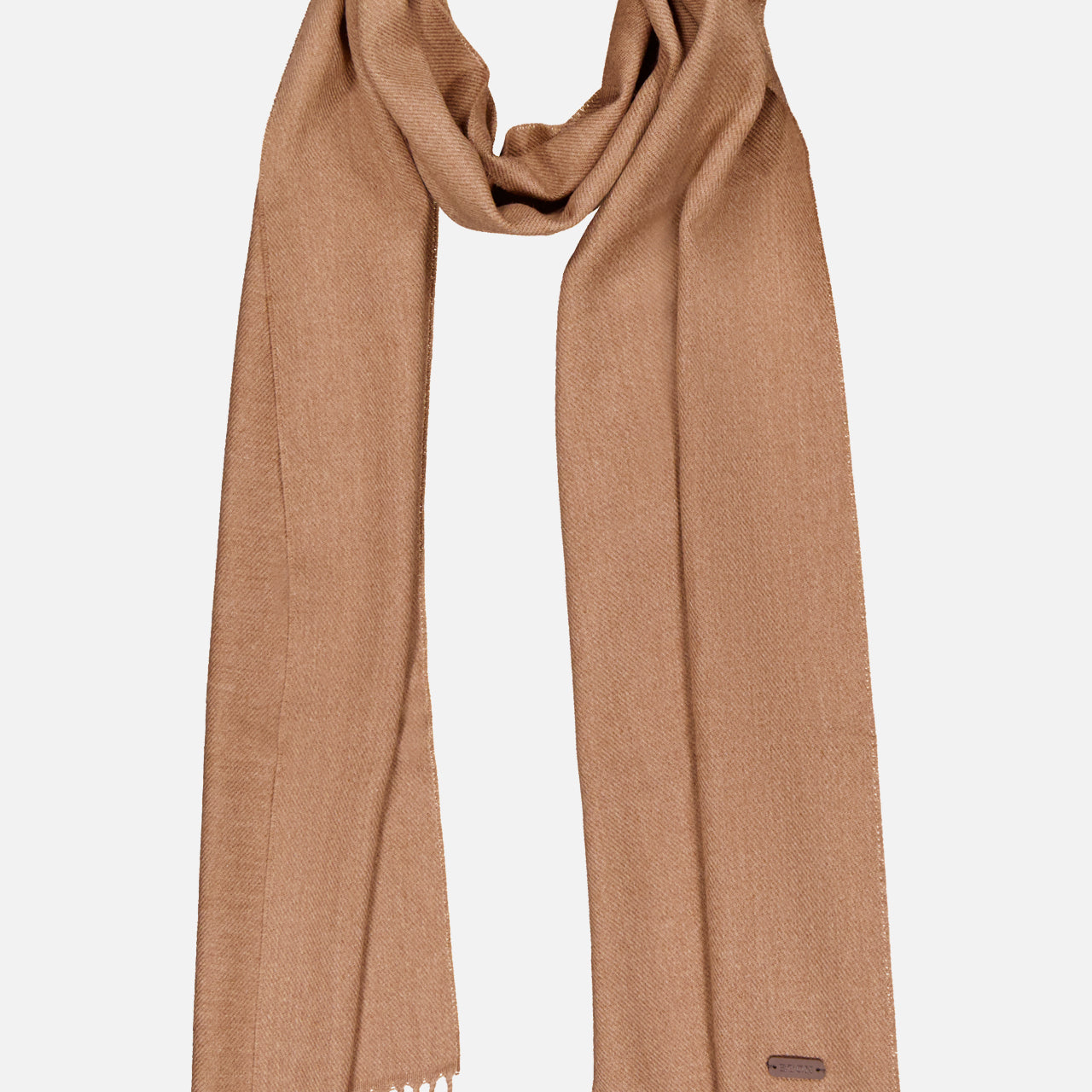 The ETON Twill Merino Wool Scarf, made in Italy, features light brown wool with a smooth texture, fringed ends, and a discreet stitched tag—a refined luxury accessory displayed flat on a white background.