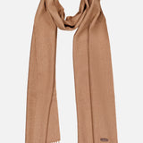 The ETON Twill Merino Wool Scarf, made in Italy, features light brown wool with a smooth texture, fringed ends, and a discreet stitched tag—a refined luxury accessory displayed flat on a white background.