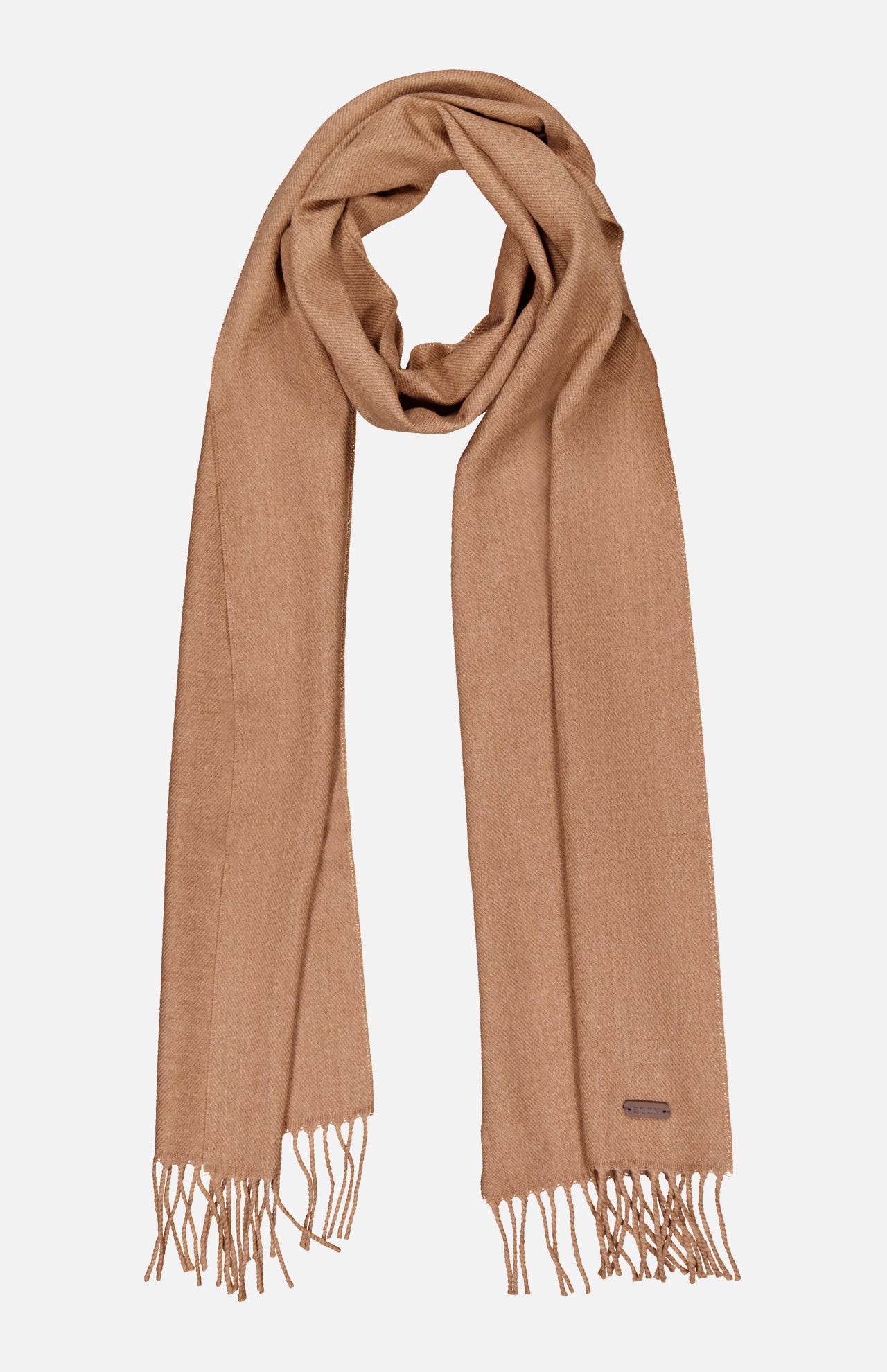 The ETON Twill Merino Wool Scarf, made in Italy, features light brown wool with a smooth texture, fringed ends, and a discreet stitched tag—a refined luxury accessory displayed flat on a white background.