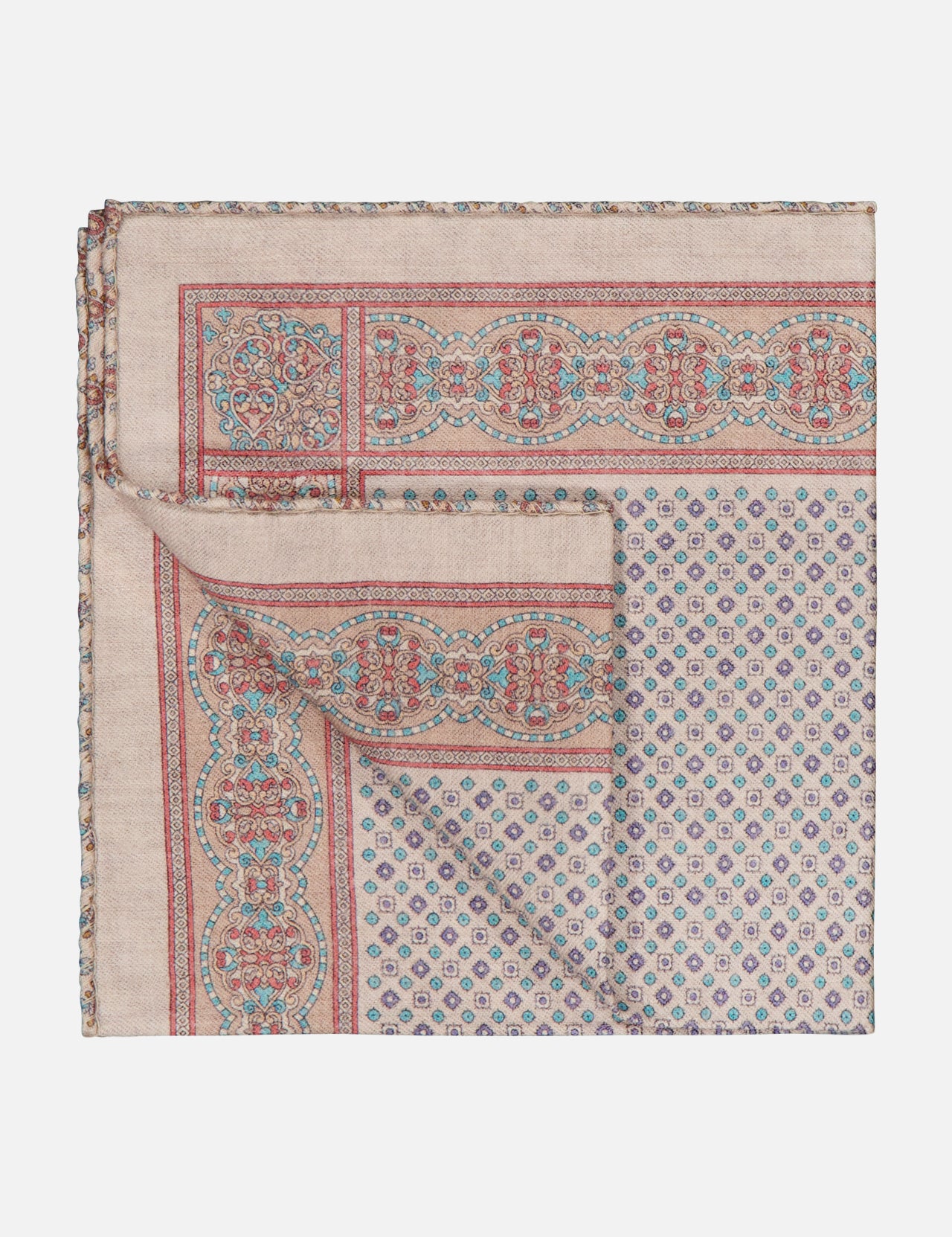 The ETON Two-Face Wool Pocket Square features an intricate red, teal, and blue pattern with a decorative border and small motifs on a beige background.