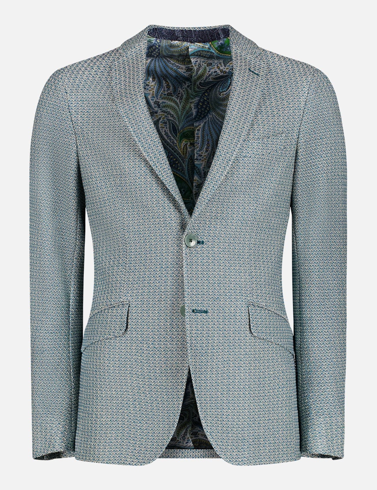 The ETRO Jersey Sportcoat features a light blue textured cotton fabric, two buttons, front pockets, notched lapels, and a colorful paisley lining. Displayed on a plain white background.