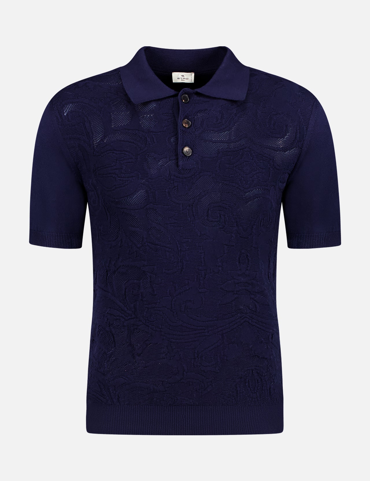 The ETRO Knit Short Sleeve Polo features a refined navy blue textured abstract pattern, classic collar, and three-button placket—ideal for men's fashion. Shown on a plain white background.