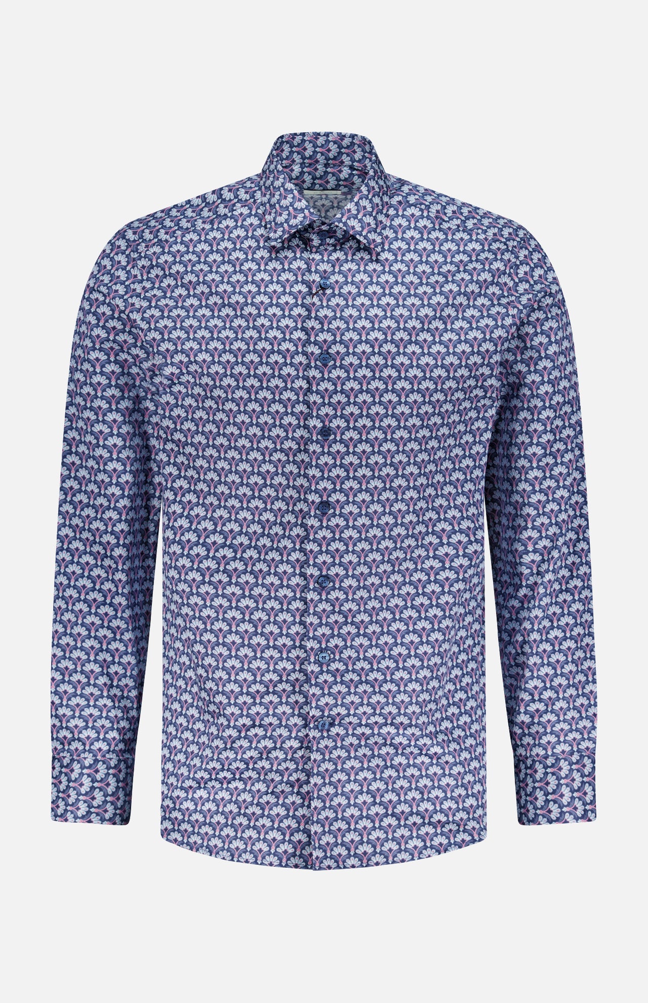 The ETRO Cotton Long Sleeve Shirt features a small blue and pink geometric print and is shown against a plain white background.