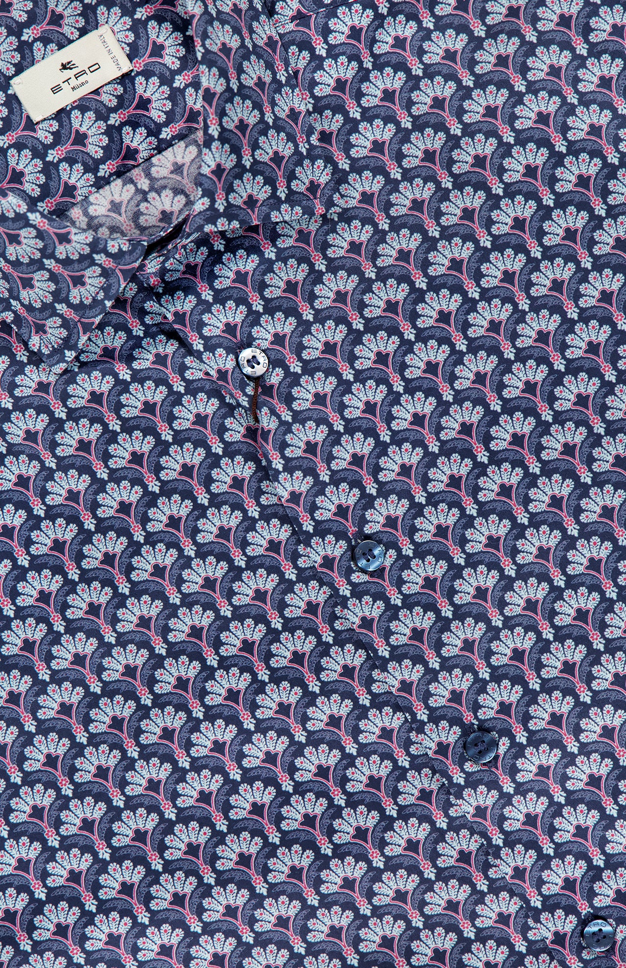 Close-up of the ETRO Cotton Long Sleeve Shirt featuring a blue and pink floral motif, blue buttons, and a partial view of the collar at the top left.