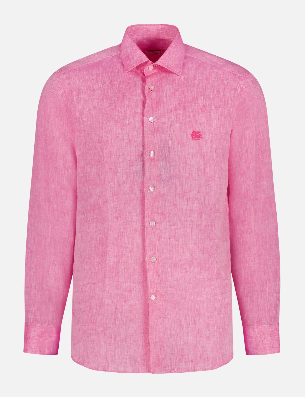 The ETRO Linen Long Sleeve Shirt is a pink, button-up linen shirt with a collar, white buttons, and an embroidered logo on the left chest, showcasing Italian craftsmanship. Displayed on a plain white background.