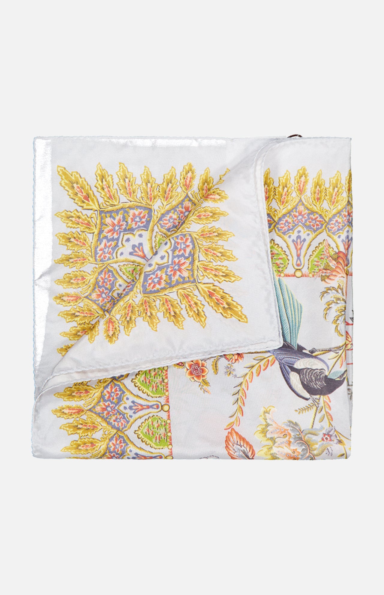 The ETRO Bird Print Pocket Square is a folded silk accessory with an intricate pattern of yellow leaves, ornate blue and orange designs, and a partial bird print on a white background.