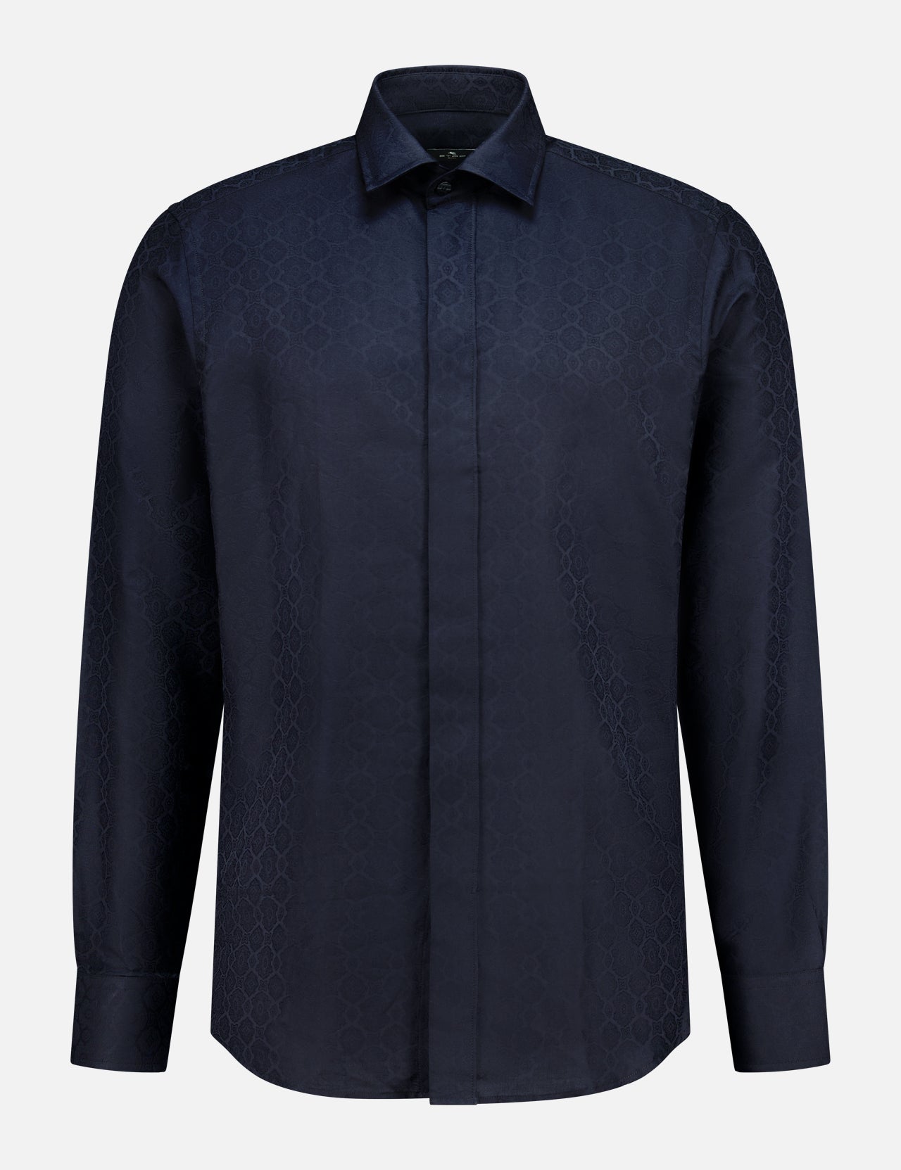 The ETRO Jacquard Long Sleeve Dress Shirt is a navy dress shirt made from soft cotton, showcasing a subtle geometric jacquard pattern and a classic collar, presented against a plain white background.