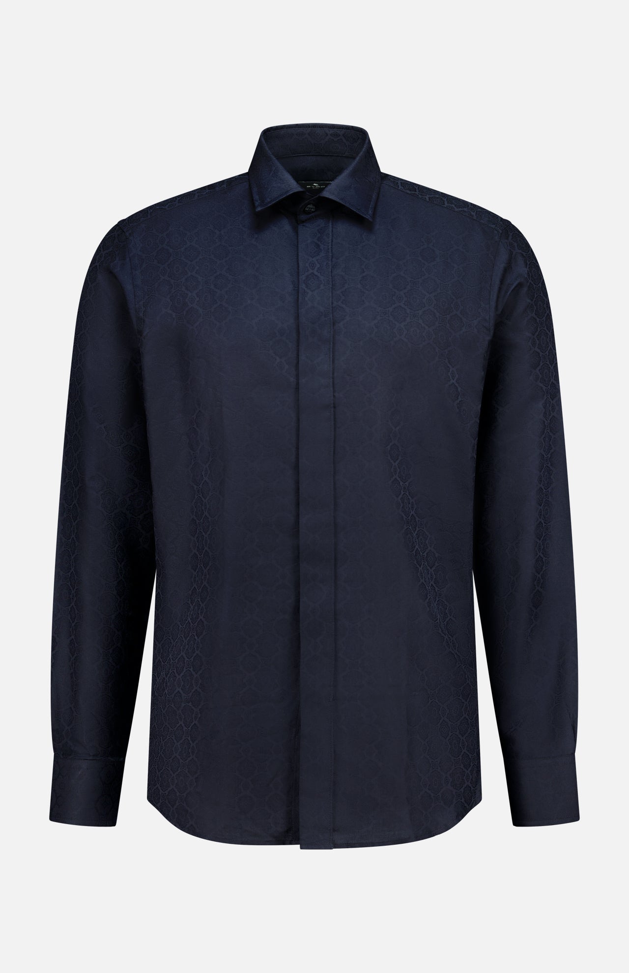 The ETRO Jacquard Long Sleeve Dress Shirt is a navy dress shirt made from soft cotton, showcasing a subtle geometric jacquard pattern and a classic collar, presented against a plain white background.
