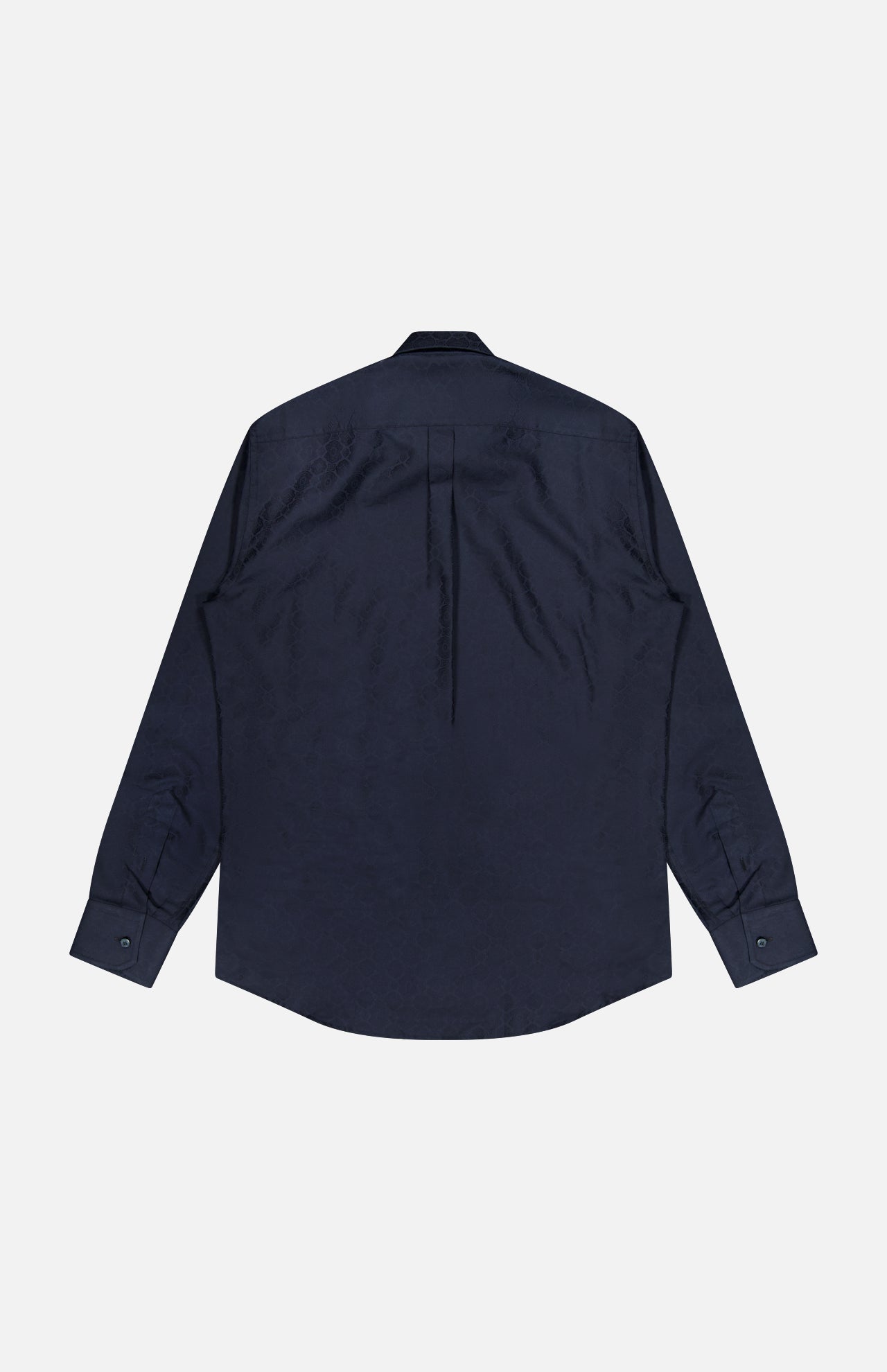 The Jacquard Long Sleeve Dress Shirt by ETRO is shown from the back in navy blue, featuring soft cotton construction, buttoned cuffs, a central pleat, and a subtle jacquard pattern for added texture.