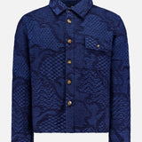 The ETRO Knitted Pattern Jacket is a navy wool jacket crafted in Italy, featuring a blue textured button-up design with a collar, chest pocket, and wooden buttons, displayed against a plain white background.