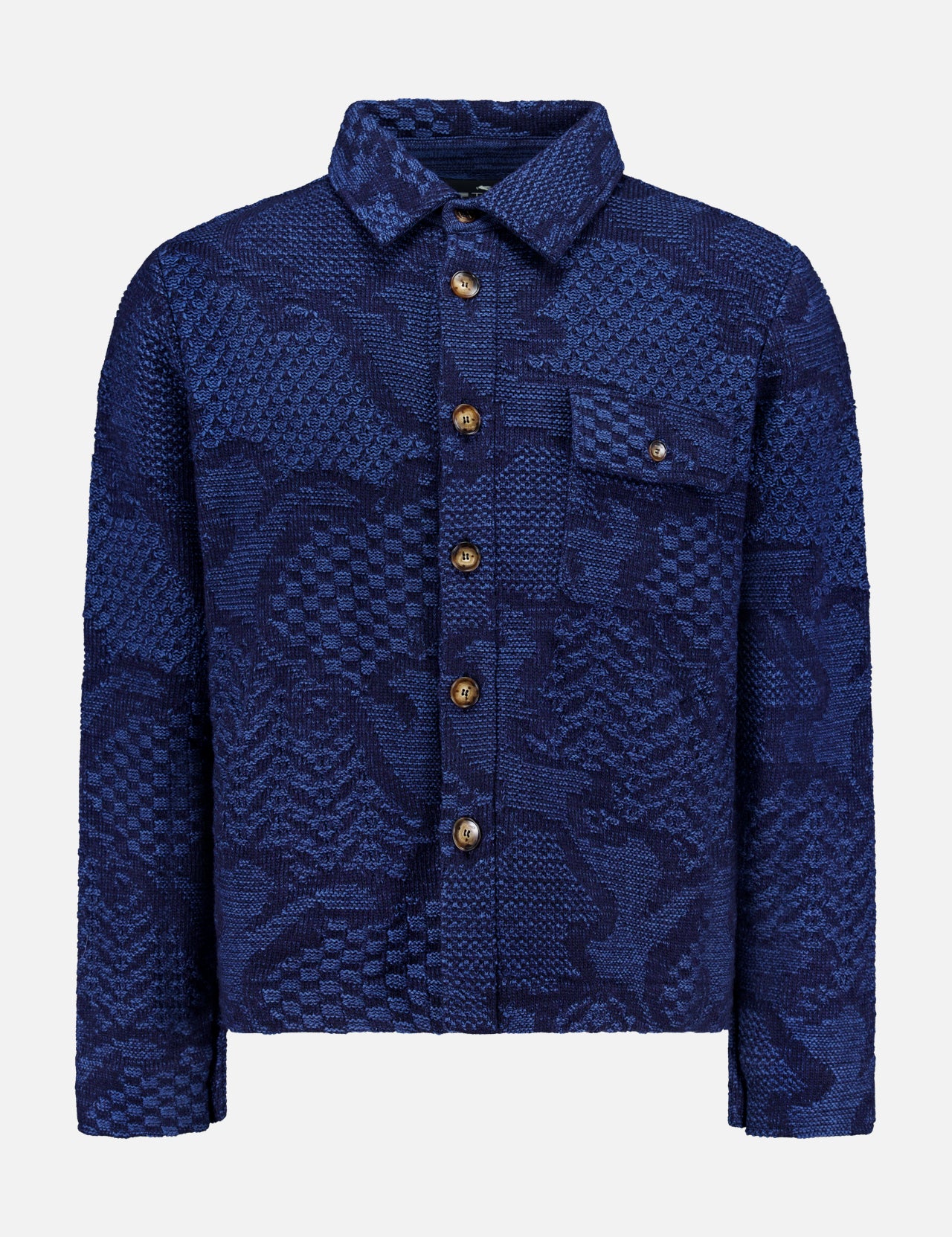The ETRO Knitted Pattern Jacket is a navy wool jacket crafted in Italy, featuring a blue textured button-up design with a collar, chest pocket, and wooden buttons, displayed against a plain white background.
