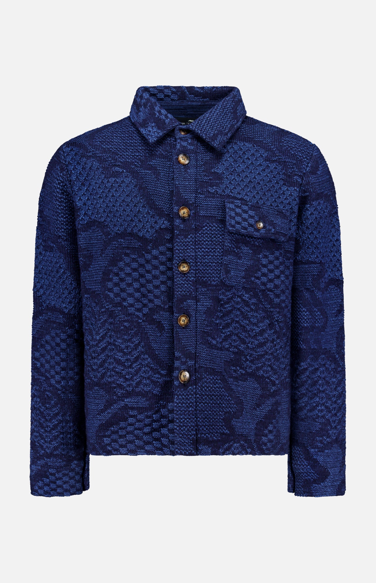The ETRO Knitted Pattern Jacket is a navy wool jacket crafted in Italy, featuring a blue textured button-up design with a collar, chest pocket, and wooden buttons, displayed against a plain white background.