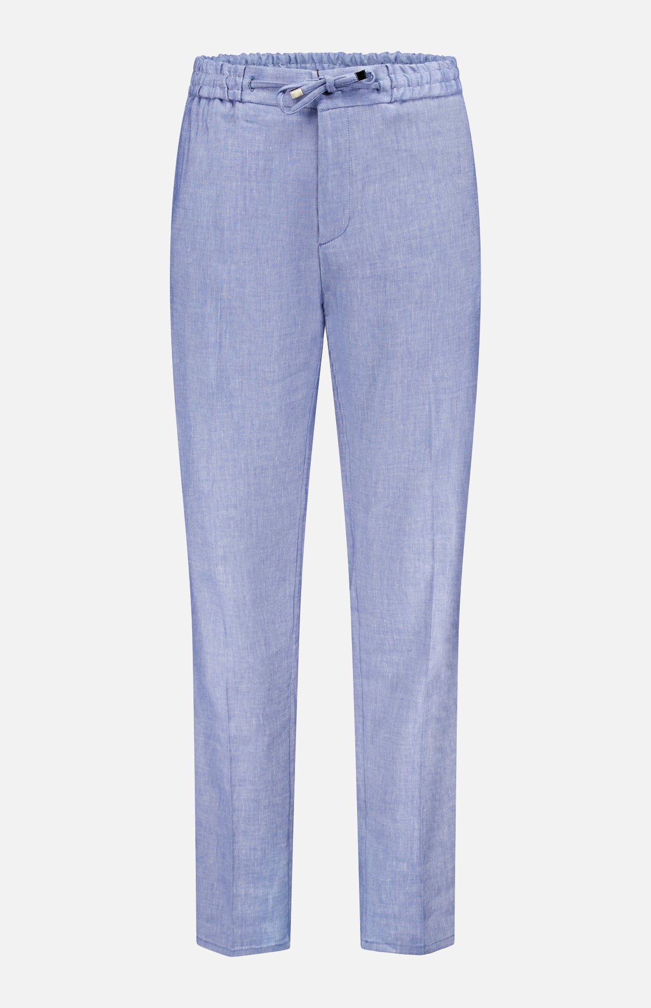 The ETRO Linen Drawstring Trouser Pants feature a light blue hue, soft linen-blend fabric, elasticated drawstring waist, straight leg cut, and minimal design, shown on a plain white background.