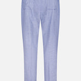 ETRO Linen Drawstring Trouser Pants in light blue feature an elastic waistband, straight legs, and two buttoned back pockets, shown against a plain white background.