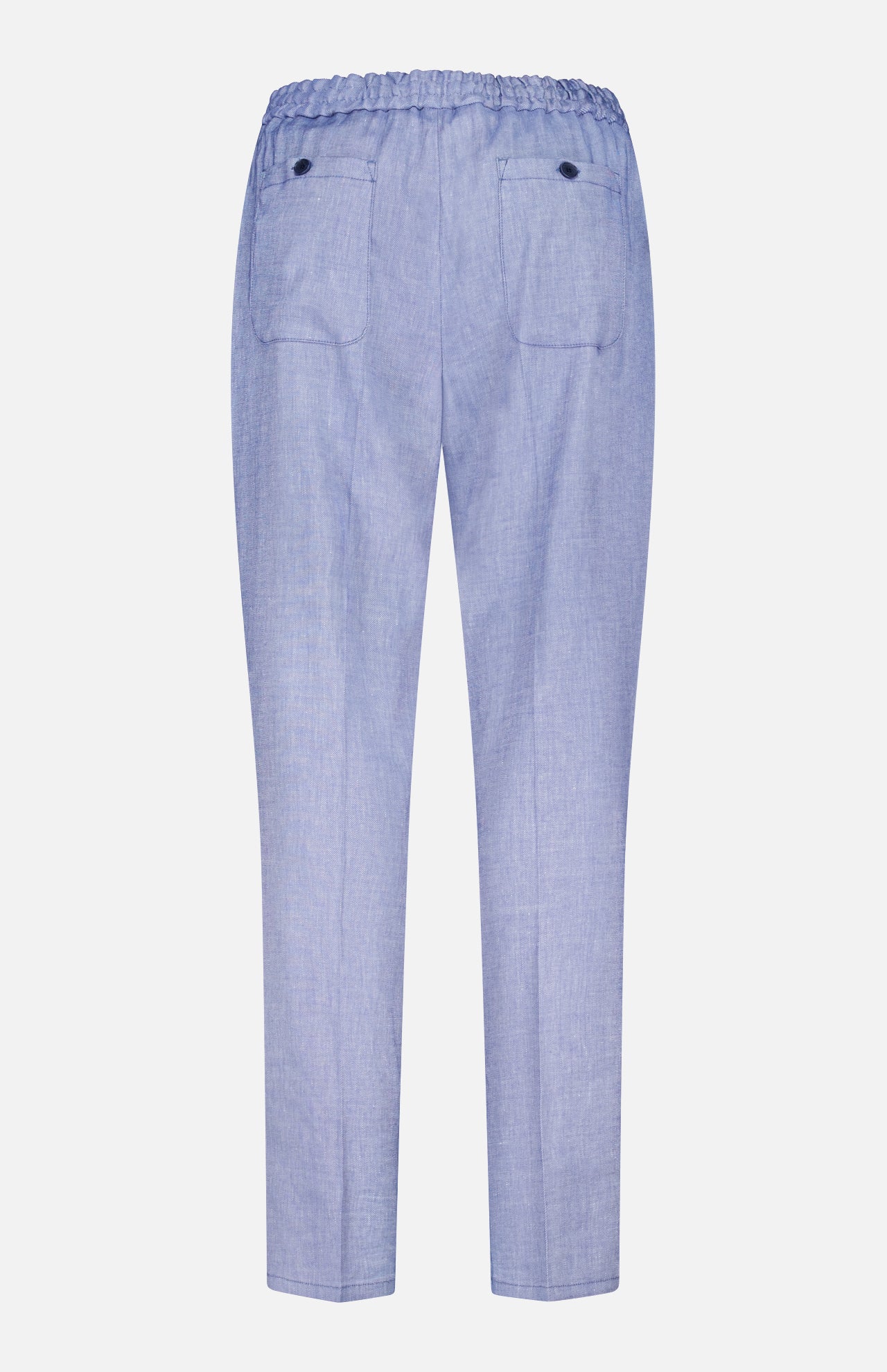 ETRO Linen Drawstring Trouser Pants in light blue feature an elastic waistband, straight legs, and two buttoned back pockets, shown against a plain white background.