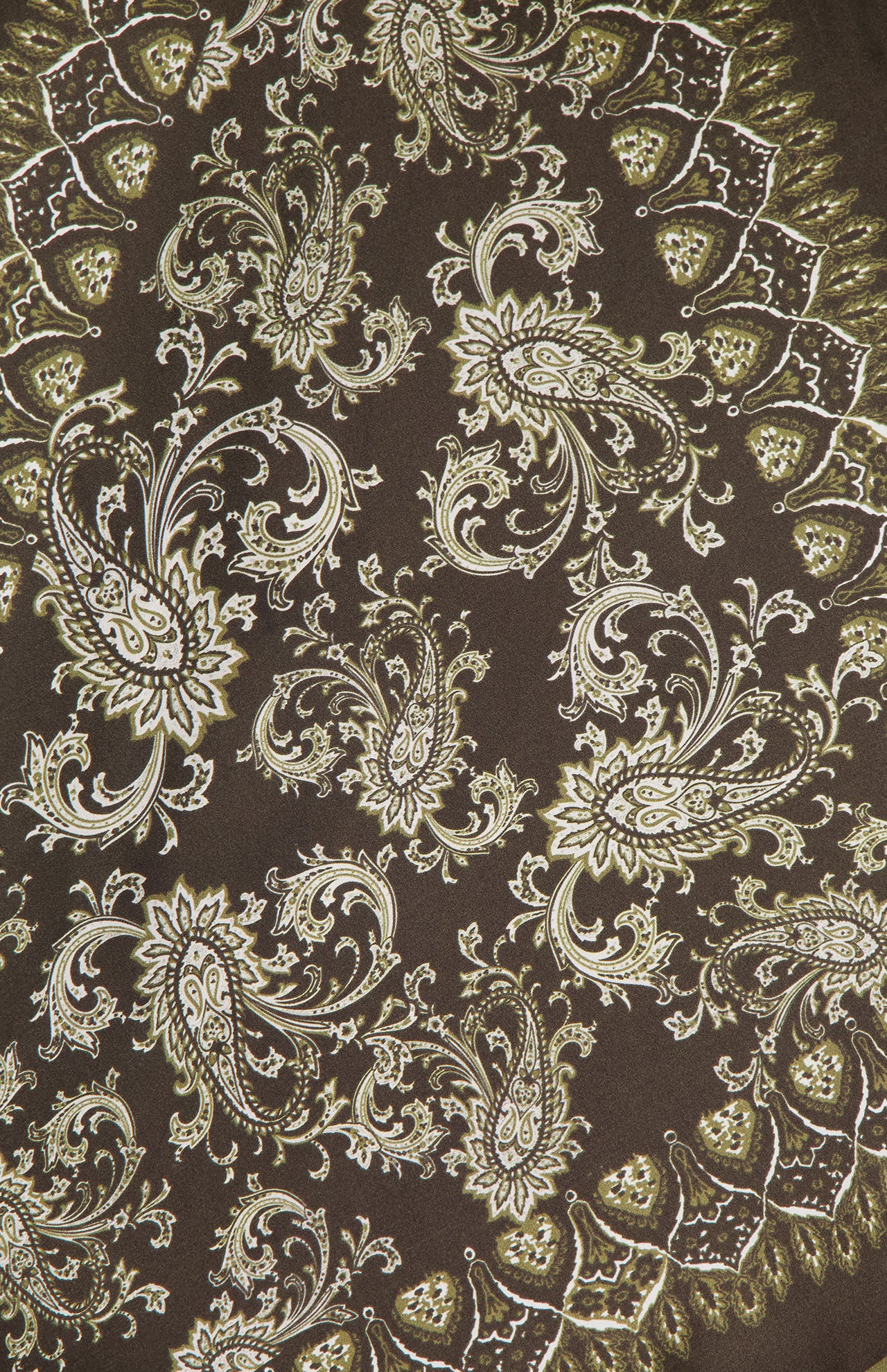 The ETRO Paisley Bandana Scarf features a gold and cream paisley print with swirling floral and leaf motifs on a dark brown background, arranged in a symmetrical decorative design inspired by classic Etro style.