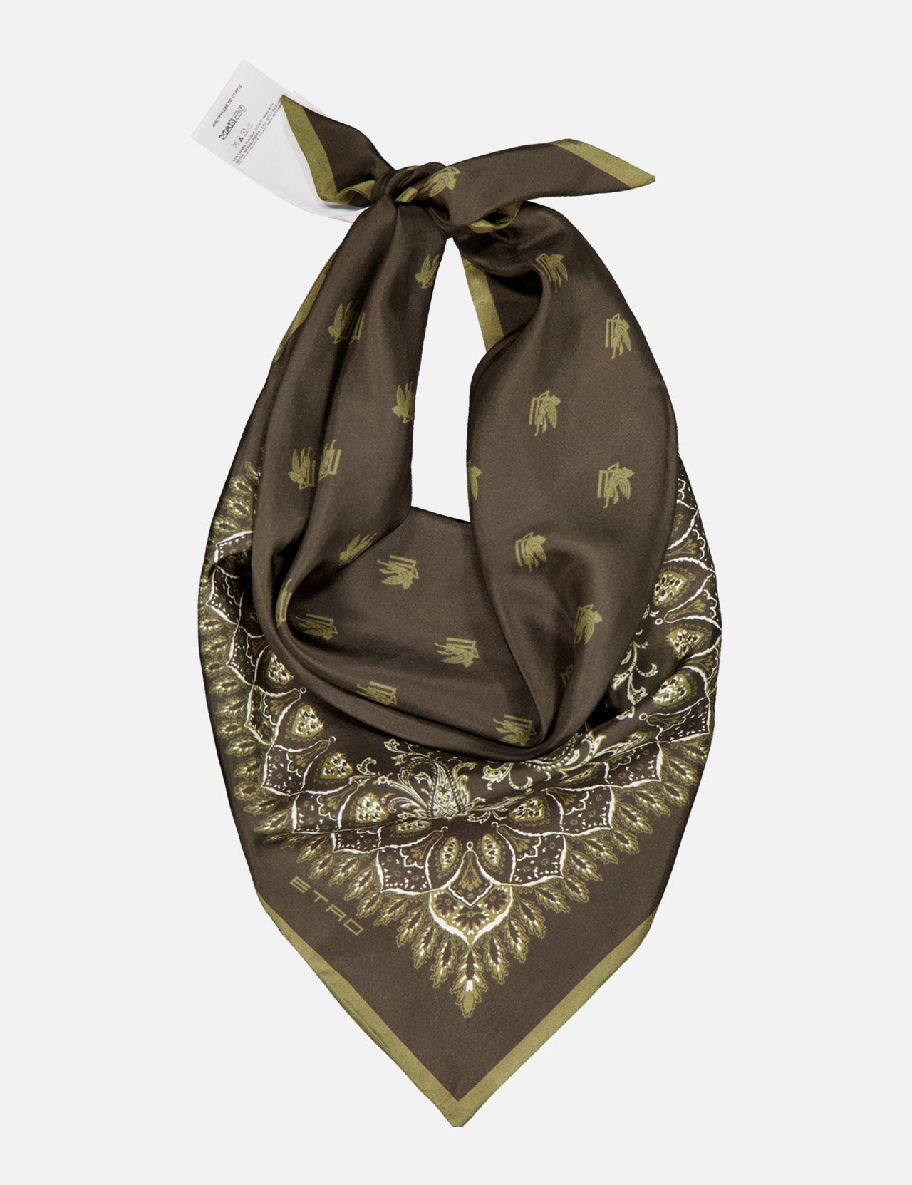 The ETRO Paisley Bandana Scarf is a brown silk accessory with gold paisley and geometric prints, knotted at the top and finished with a small white tag.