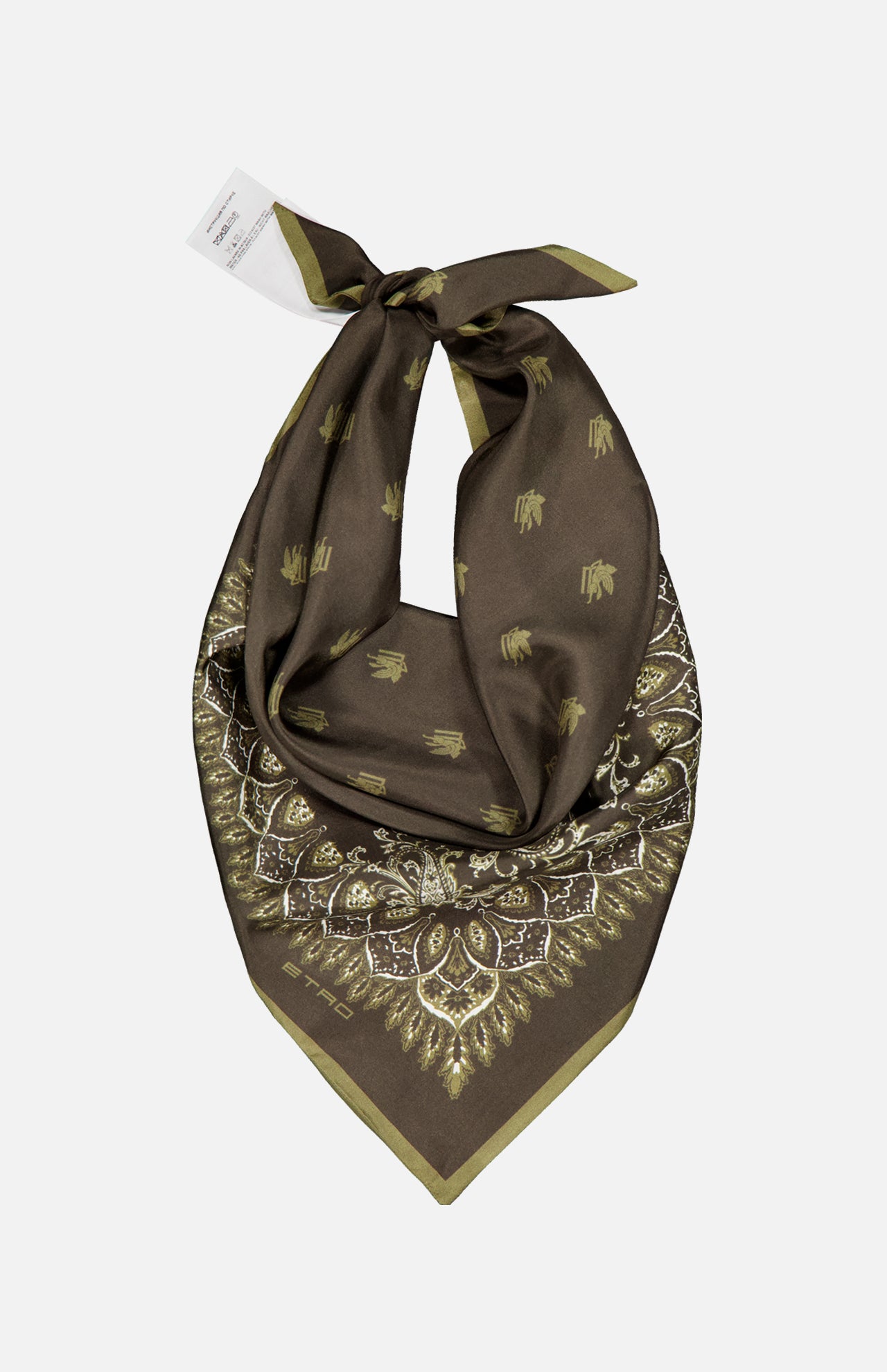 The ETRO Paisley Bandana Scarf is a brown silk accessory with gold paisley and geometric prints, knotted at the top and finished with a small white tag.
