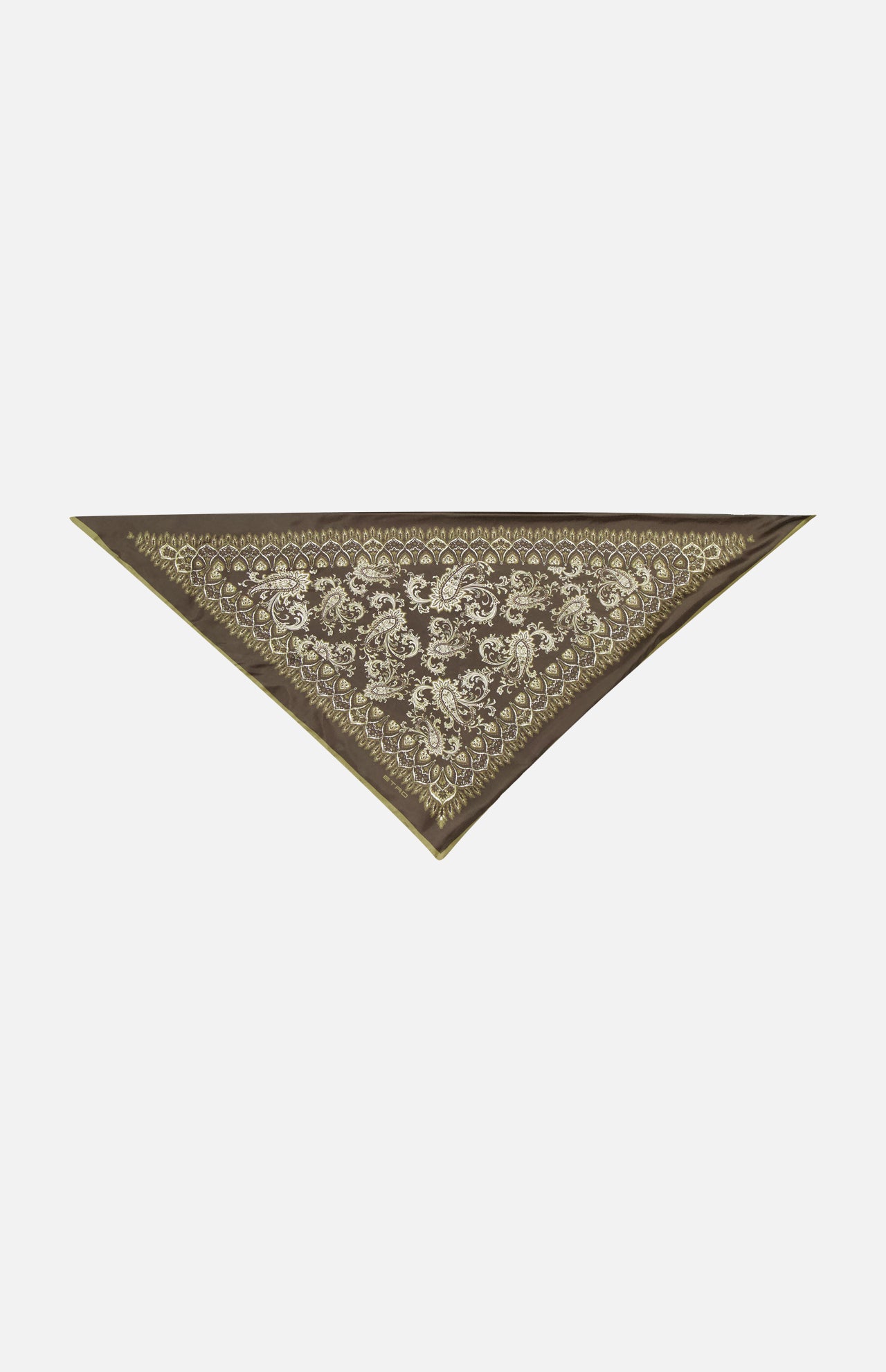 The Paisley Bandana Scarf by ETRO is a brown, triangular silk bandana with intricate beige floral and paisley prints, made in Italy and shown on a plain white background.