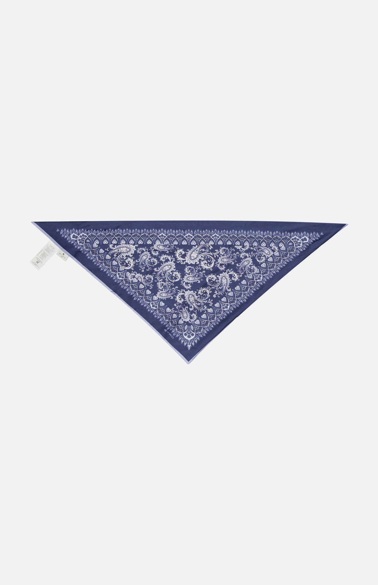 An ETRO Paisley Bandana Scarf in navy blue silk with a white paisley print is folded into a triangle and displayed on a plain white background.
