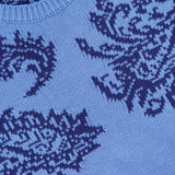 Close-up of the Paisley Crewneck Sweater by ETRO, showcasing a blue paisley pattern and ribbed neckline with visible brand label—ideal as a spring sweater or stylish men's cotton pullover.