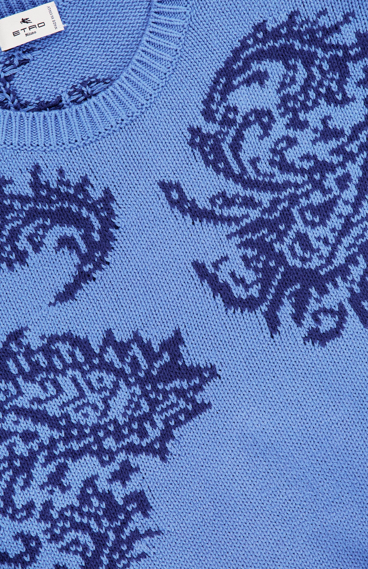 Close-up of the Paisley Crewneck Sweater by ETRO, showcasing a blue paisley pattern and ribbed neckline with visible brand label—ideal as a spring sweater or stylish men's cotton pullover.