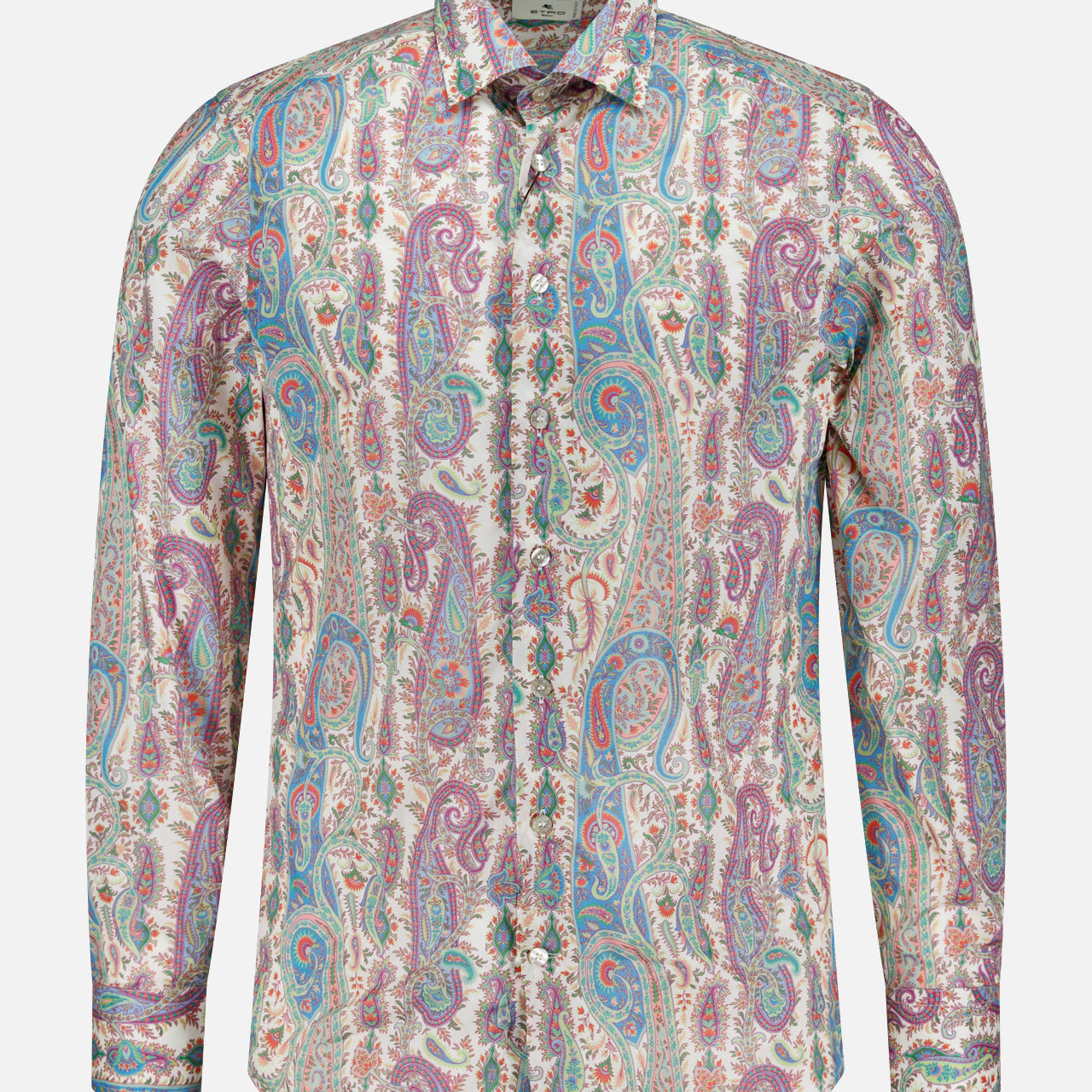 The ETRO Paisley Long Sleeve Dress Shirt features a multicolored paisley print in pink, blue, green, and purple on white. Made in Italy with cotton, it offers a tailored fit and classic collar.