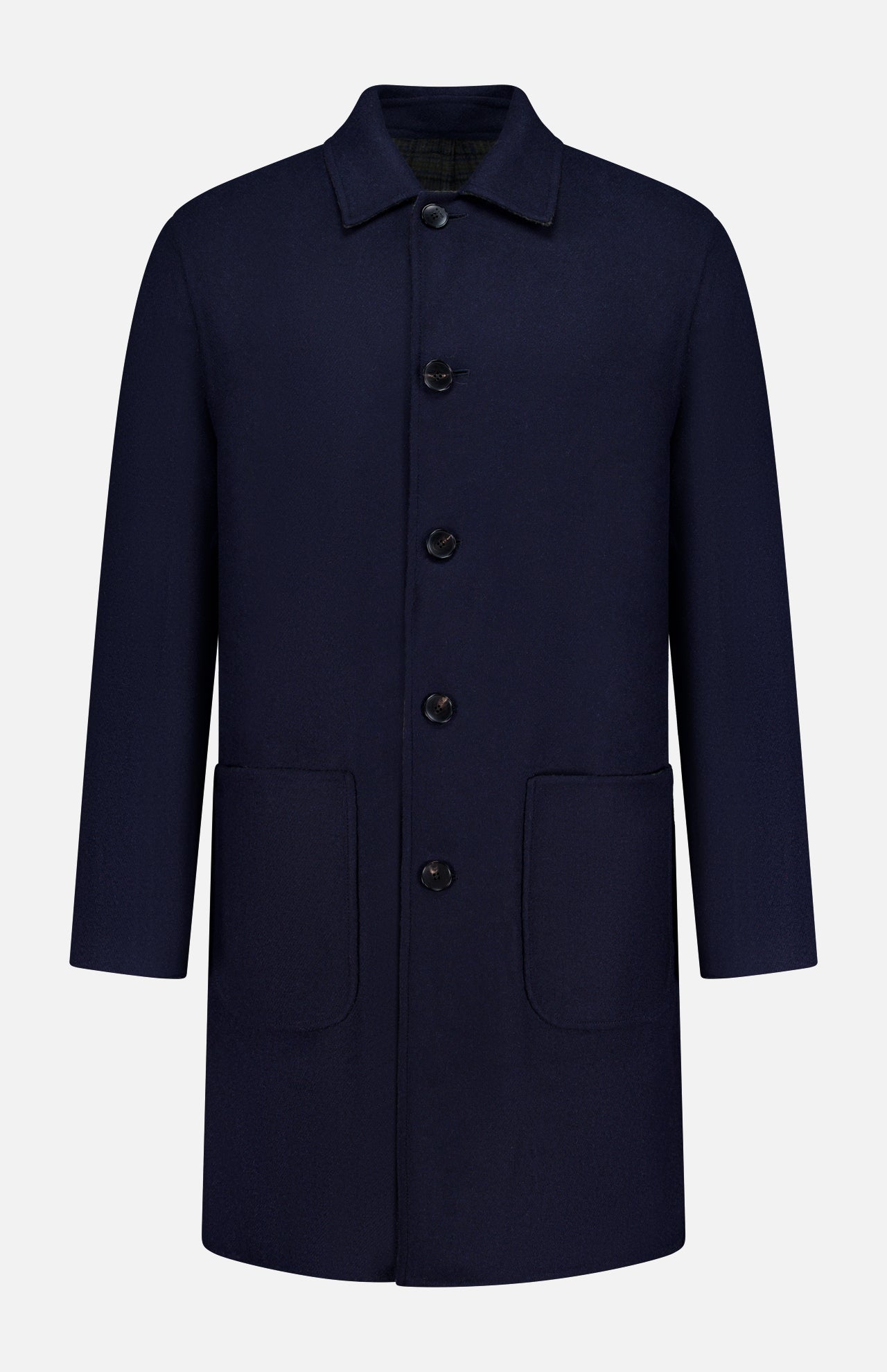 An ETRO Plaid Long Reversible Coat for men, crafted in Italian wool and dark navy blue hues, features a classic collar, button-down front, two spacious front pockets, and long sleeves. The coat is displayed on a plain white background.