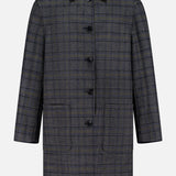 The ETRO Plaid Long Reversible Coat is a men's button-up Italian coat in a dark gray and blue plaid pattern, designed with a collar and two large front pockets, shown against a plain white background.