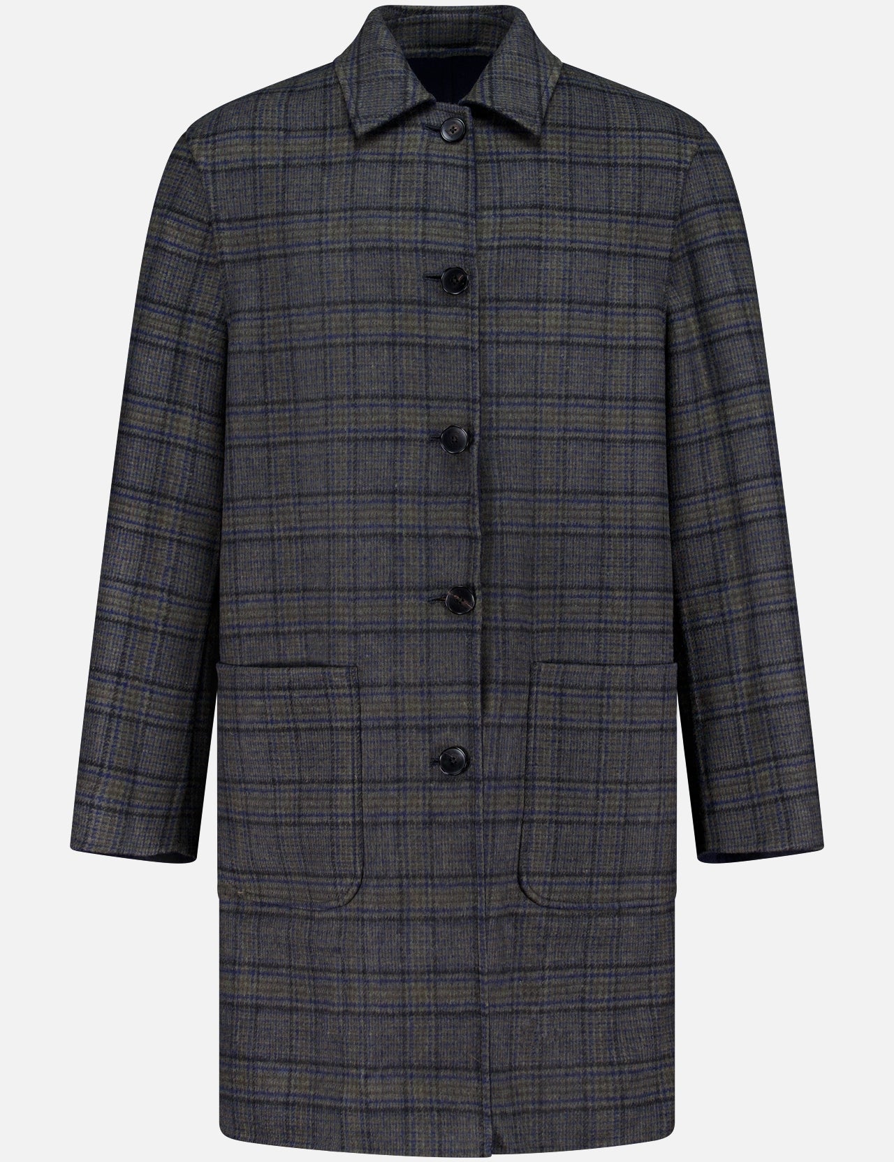 The ETRO Plaid Long Reversible Coat is a men's button-up Italian coat in a dark gray and blue plaid pattern, designed with a collar and two large front pockets, shown against a plain white background.
