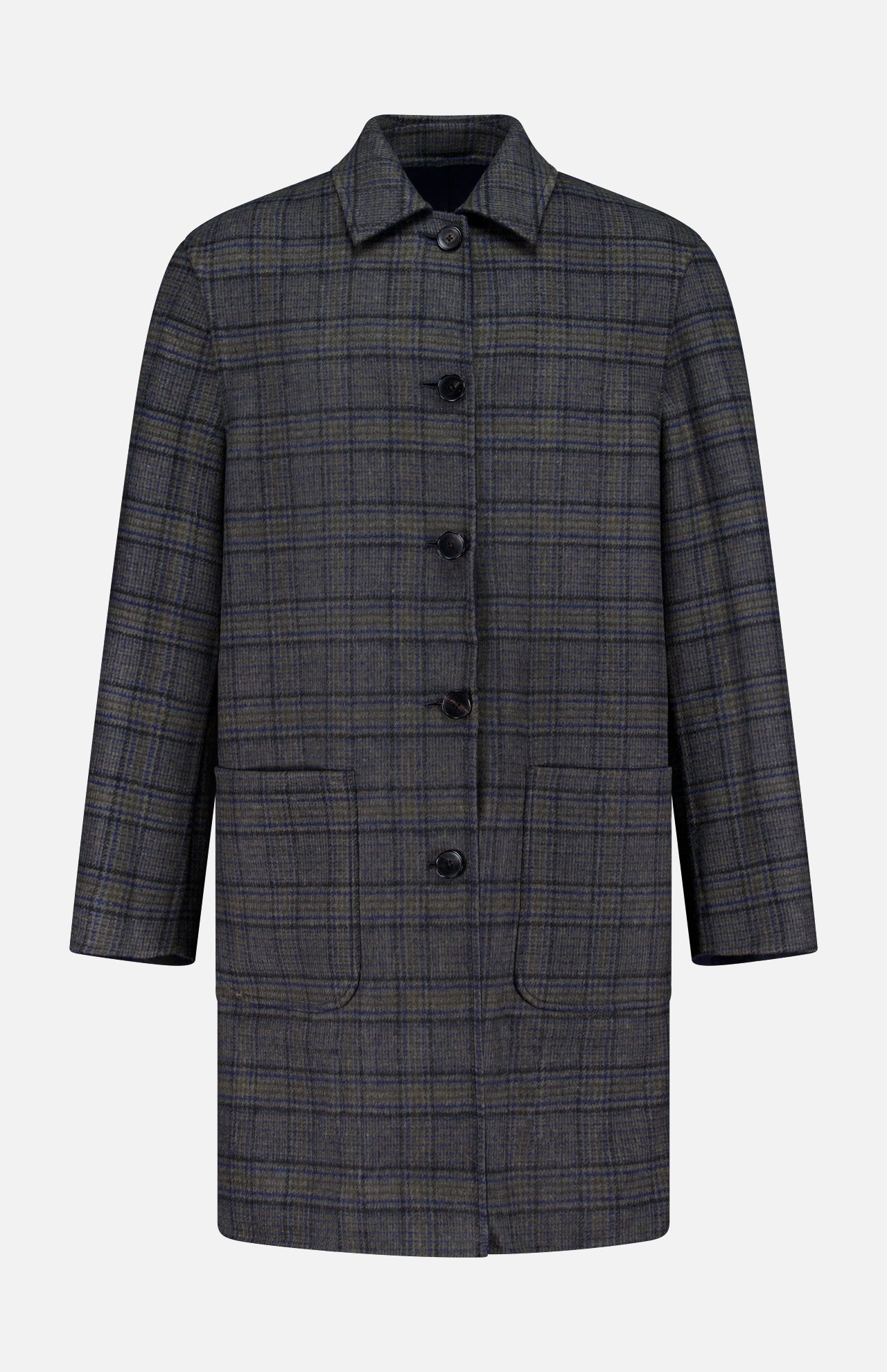 The ETRO Plaid Long Reversible Coat is a men's button-up Italian coat in a dark gray and blue plaid pattern, designed with a collar and two large front pockets, shown against a plain white background.