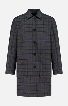 The ETRO Plaid Long Reversible Coat is a men's button-up Italian coat in a dark gray and blue plaid pattern, designed with a collar and two large front pockets, shown against a plain white background.