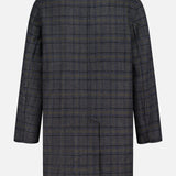 The ETRO Plaid Long Reversible Coat for men is displayed from the back, showcasing a subtle navy and black checkered pattern along with a single back vent at the bottom.