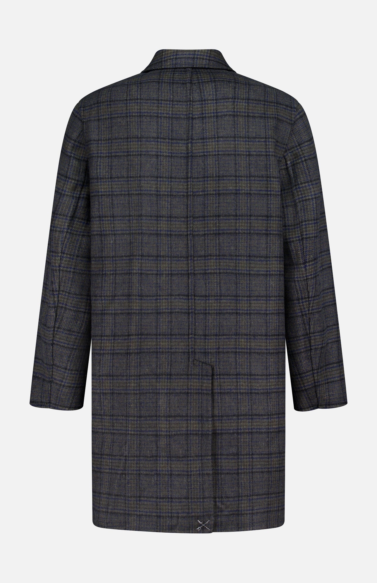 The ETRO Plaid Long Reversible Coat for men is displayed from the back, showcasing a subtle navy and black checkered pattern along with a single back vent at the bottom.