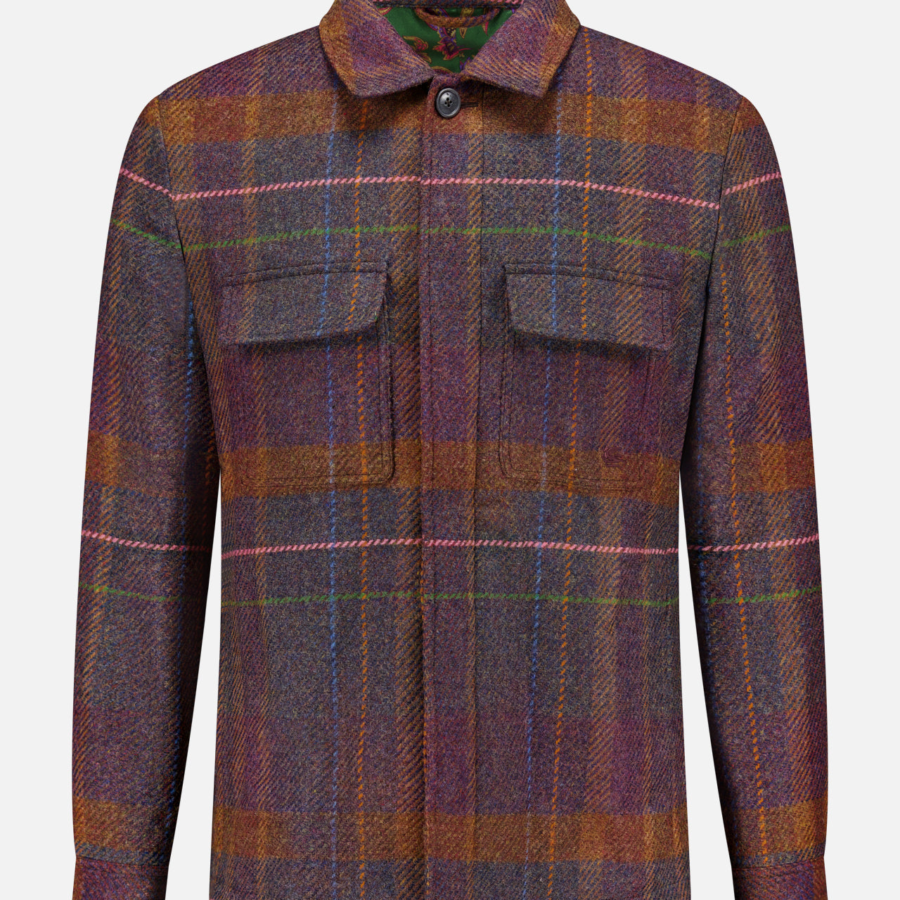 The ETRO Plaid Wool-blend Overshirt showcases a vibrant mix of purple, brown, and orange in its plaid design. Featuring a button-up front, two chest pockets with flaps, and a classic collar, this stylish piece is perfect for fall fashion. The overshirt is presented on a plain white background.