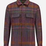 The ETRO Plaid Wool-blend Overshirt showcases a vibrant mix of purple, brown, and orange in its plaid design. Featuring a button-up front, two chest pockets with flaps, and a classic collar, this stylish piece is perfect for fall fashion. The overshirt is presented on a plain white background.
