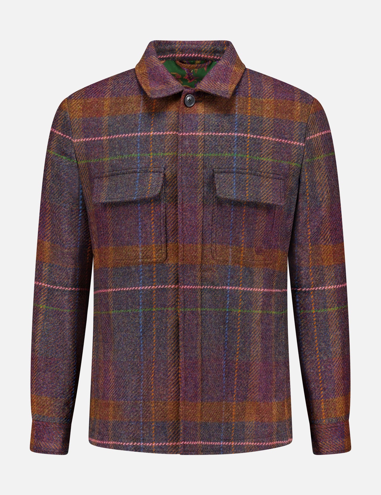 The ETRO Plaid Wool-blend Overshirt showcases a vibrant mix of purple, brown, and orange in its plaid design. Featuring a button-up front, two chest pockets with flaps, and a classic collar, this stylish piece is perfect for fall fashion. The overshirt is presented on a plain white background.