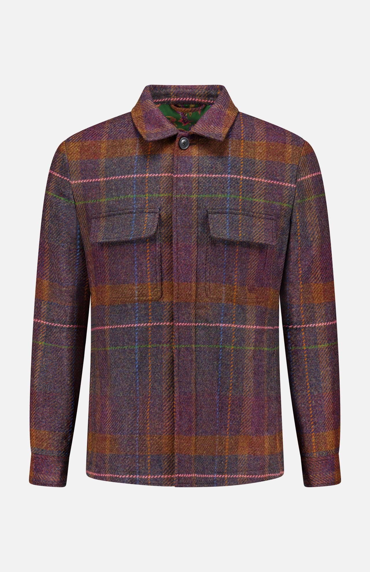 The ETRO Plaid Wool-blend Overshirt showcases a vibrant mix of purple, brown, and orange in its plaid design. Featuring a button-up front, two chest pockets with flaps, and a classic collar, this stylish piece is perfect for fall fashion. The overshirt is presented on a plain white background.