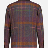 A back view of the ETRO Plaid Wool-blend Overshirt, featuring long sleeves and a multicolored plaid pattern in brown, purple, and blue tones, displayed against a plain white background—an ideal choice for fall fashion.