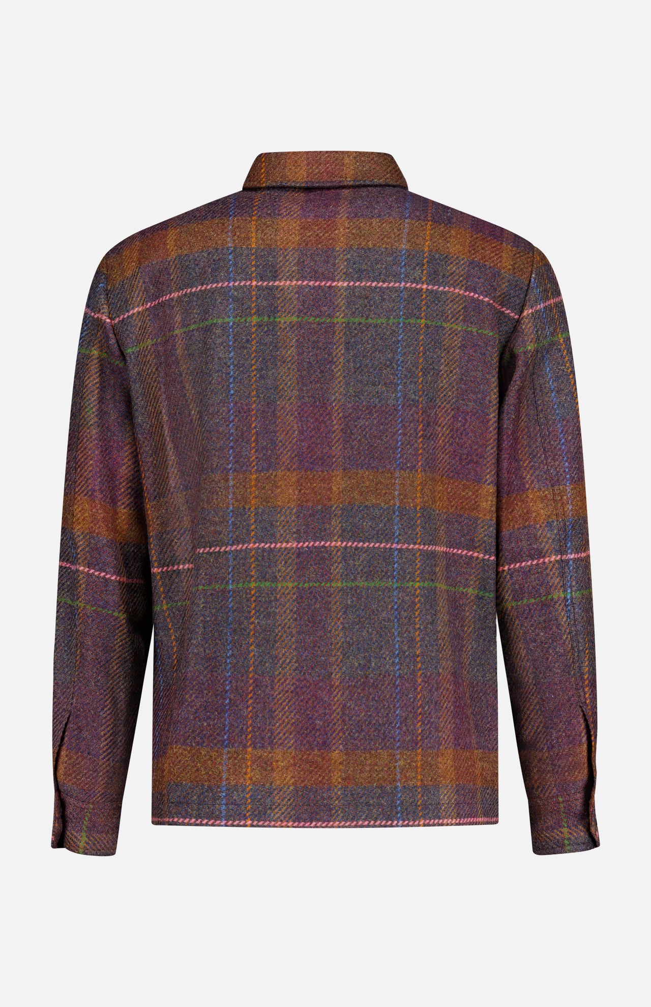 A back view of the ETRO Plaid Wool-blend Overshirt, featuring long sleeves and a multicolored plaid pattern in brown, purple, and blue tones, displayed against a plain white background—an ideal choice for fall fashion.