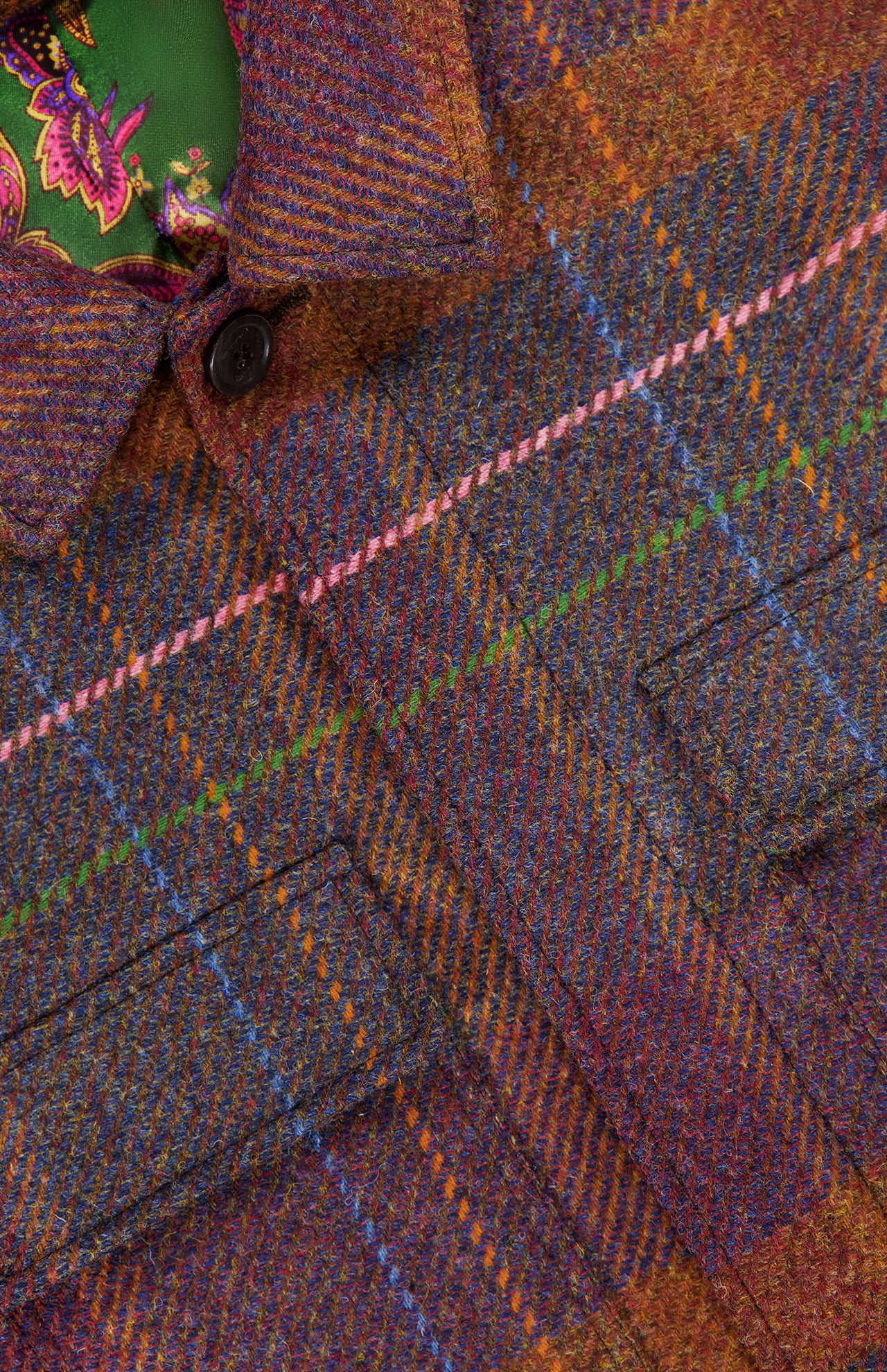 Close-up of the ETRO Plaid Wool-blend Overshirt, a perfect piece for fall fashion. This premium layering item features striking blue, green, pink, and orange plaid lines with visible buttons and pockets. The distinctive look is completed by a green floral inner lining that adds a unique touch to this versatile overshirt.