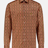The Roma Cotton Logo Shirt by ETRO is a men's long-sleeve button-down shirt showcasing a red, green, and beige geometric medallion pattern on a light background, displayed against a plain white backdrop.