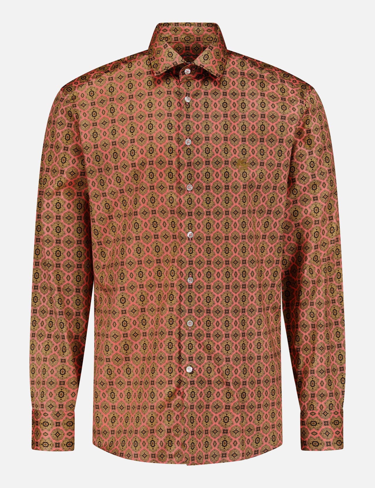 The Roma Cotton Logo Shirt by ETRO is a men's long-sleeve button-down shirt showcasing a red, green, and beige geometric medallion pattern on a light background, displayed against a plain white backdrop.