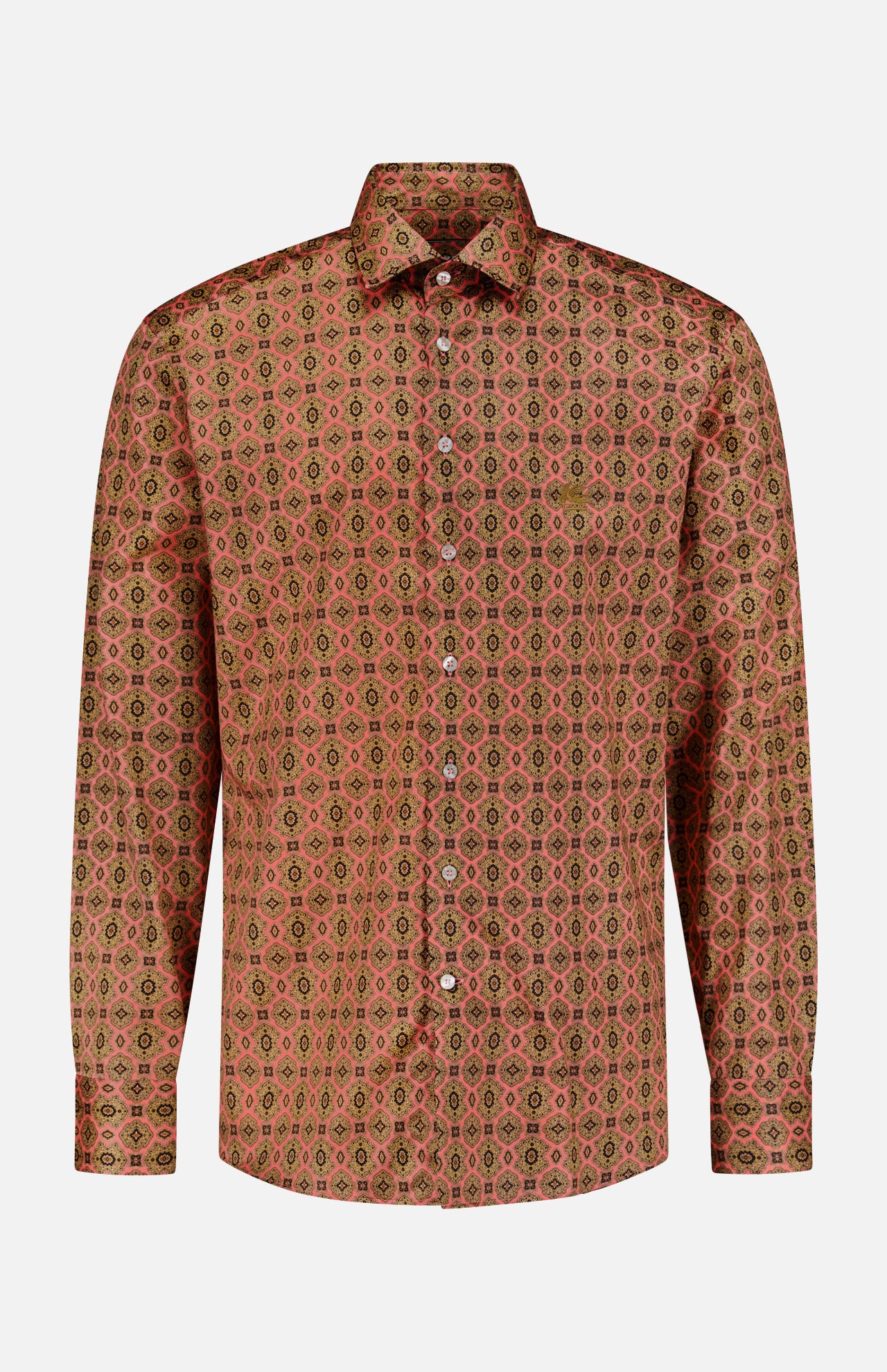 The Roma Cotton Logo Shirt by ETRO is a men's long-sleeve button-down shirt showcasing a red, green, and beige geometric medallion pattern on a light background, displayed against a plain white backdrop.